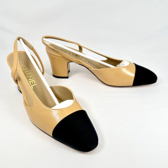 CHANEL SLINGBACK CAP TOE HEELS BEIGE - Picture 3 of 12